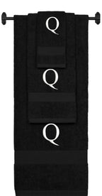 Black monogrammed towel set with White thread, Times New Roman font, initial Q - 540 GSM cotton 3-piece