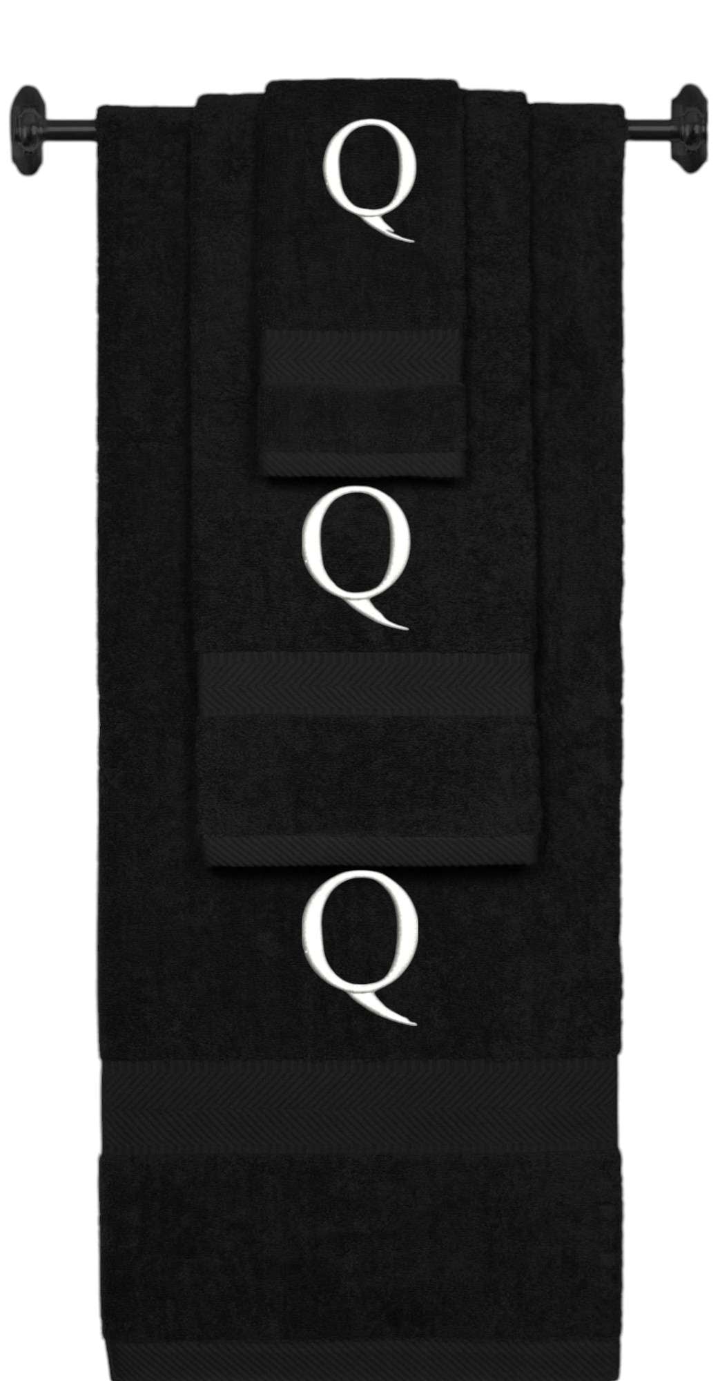 Black monogrammed towel set with White thread, Times New Roman font, initial Q - 540 GSM cotton 3-piece
