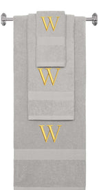 Silver monogrammed towel set with Gold thread, Times New Roman font, initial W - 540 GSM cotton 3-piece