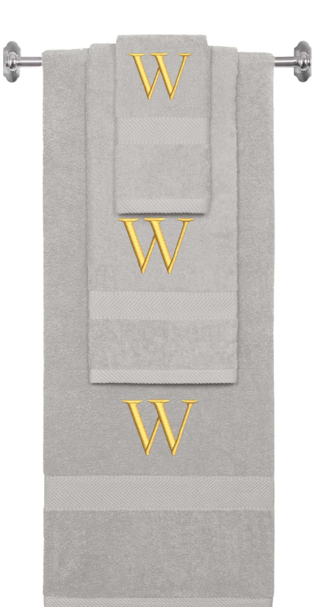Silver monogrammed towel set with Gold thread, Times New Roman font, initial W - 540 GSM cotton 3-piece
