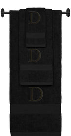 Black monogrammed towel set with Black thread, Times New Roman font, initial D - 540 GSM cotton 3-piece
