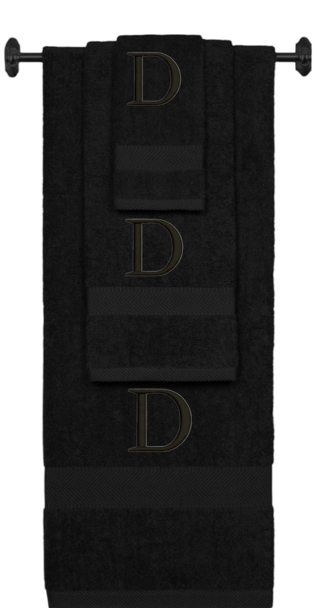 Black monogrammed towel set with Black thread, Times New Roman font, initial D - 540 GSM cotton 3-piece