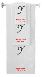 White monogrammed towel set with Black thread, Chancery font, initial Y - 540 GSM cotton 3-piece