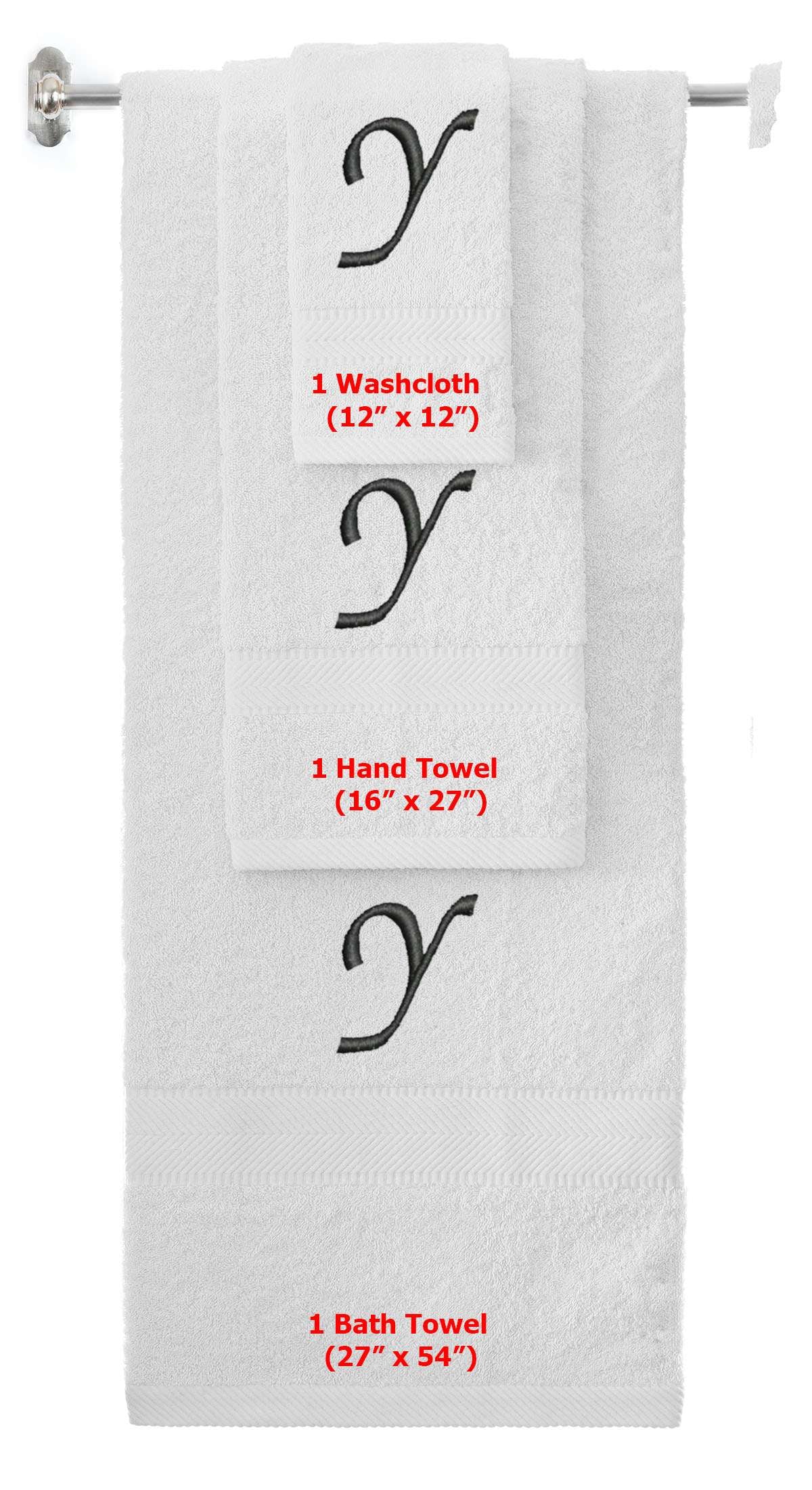 White monogrammed towel set with Black thread, Chancery font, initial Y - 540 GSM cotton 3-piece