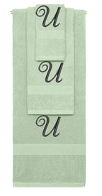 Mint Green monogrammed towel set with Black thread, Diana Script font, initial U - 540 GSM cotton 3-piece