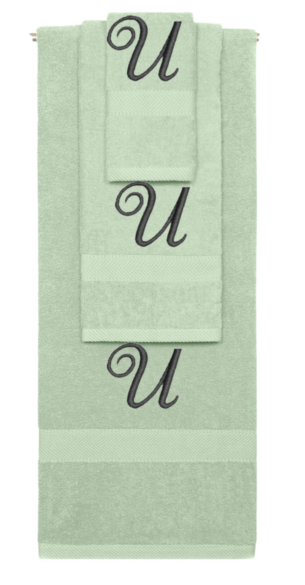 Mint Green monogrammed towel set with Black thread, Diana Script font, initial U - 540 GSM cotton 3-piece