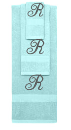 Nautical Teal monogrammed towel set with Black thread, Diana Script font, initial R - 540 GSM cotton 3-piece