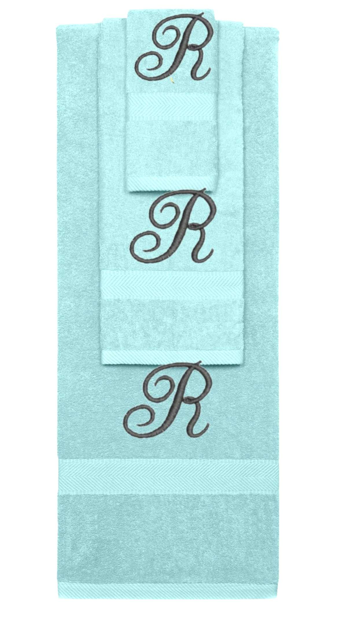Nautical Teal monogrammed towel set with Black thread, Diana Script font, initial R - 540 GSM cotton 3-piece