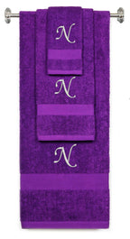 Purple monogrammed towel set with Silver thread, Chancery font, initial N - 540 GSM cotton 3-piece