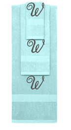 Nautical Teal monogrammed towel set with Black thread, Diana Script font, initial W - 540 GSM cotton 3-piece