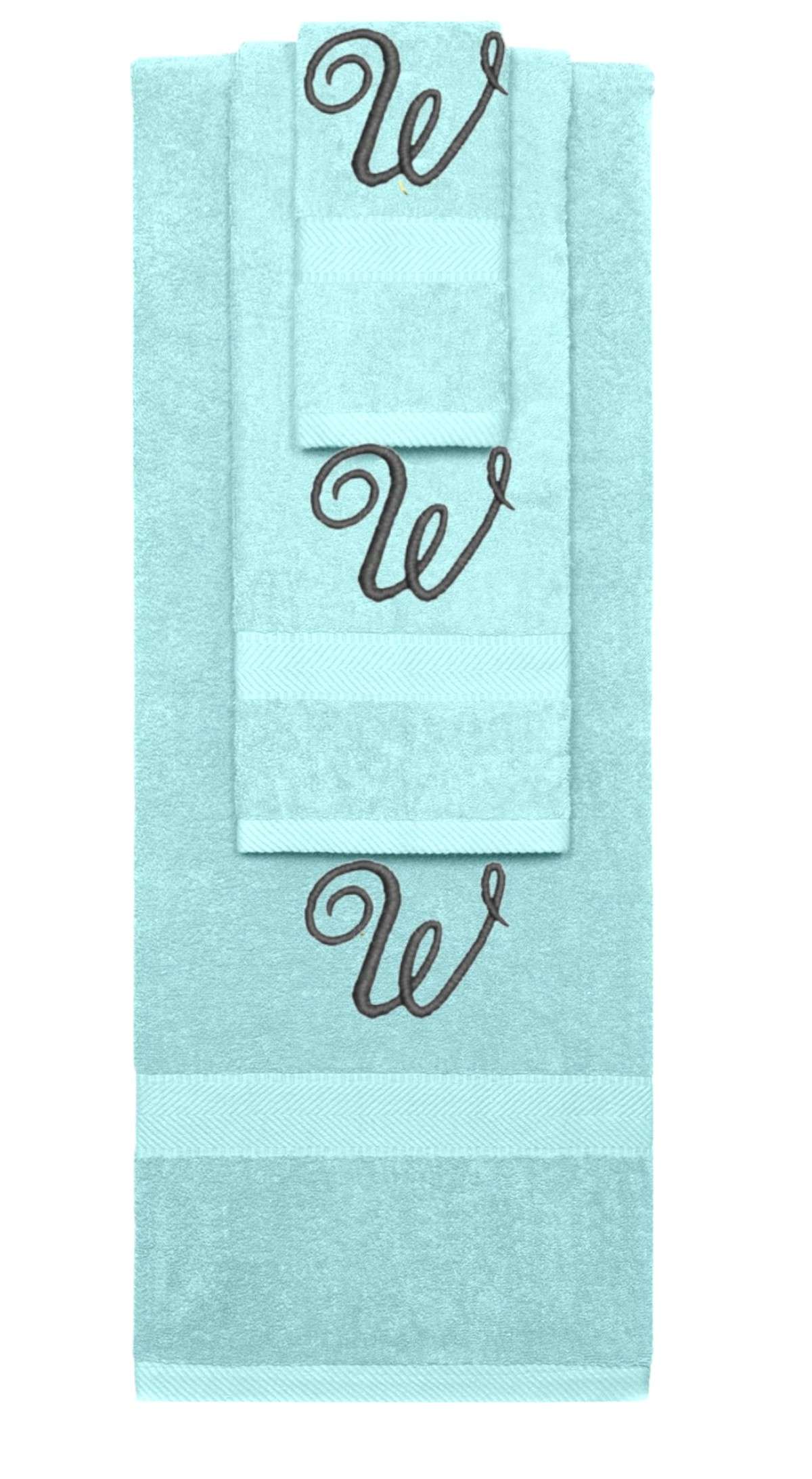 Nautical Teal monogrammed towel set with Black thread, Diana Script font, initial W - 540 GSM cotton 3-piece