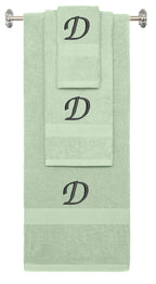Mint Green monogrammed towel set with Black thread, Chancery font, initial D - 540 GSM cotton 3-piece