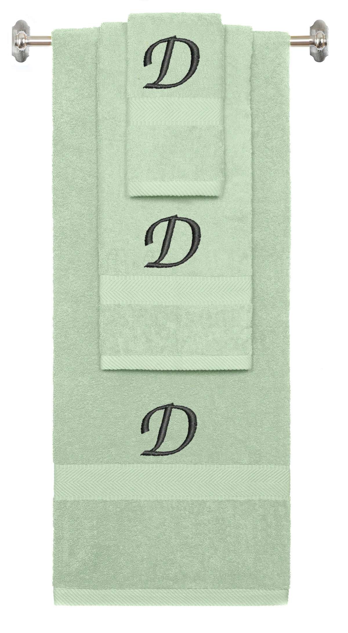 Mint Green monogrammed towel set with Black thread, Chancery font, initial D - 540 GSM cotton 3-piece