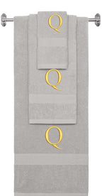 Silver monogrammed towel set with Gold thread, Times New Roman font, initial Q - 540 GSM cotton 3-piece