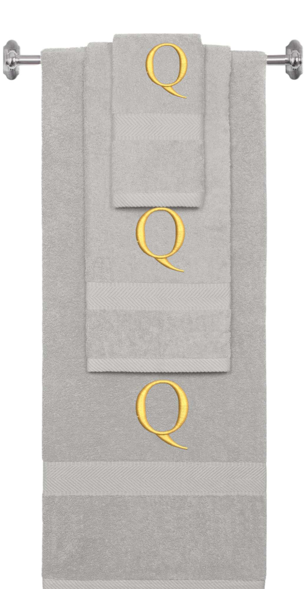 Silver monogrammed towel set with Gold thread, Times New Roman font, initial Q - 540 GSM cotton 3-piece