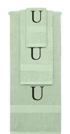 Mint Green monogrammed towel set with Black thread, Times New Roman font, initial U - 540 GSM cotton 3-piece