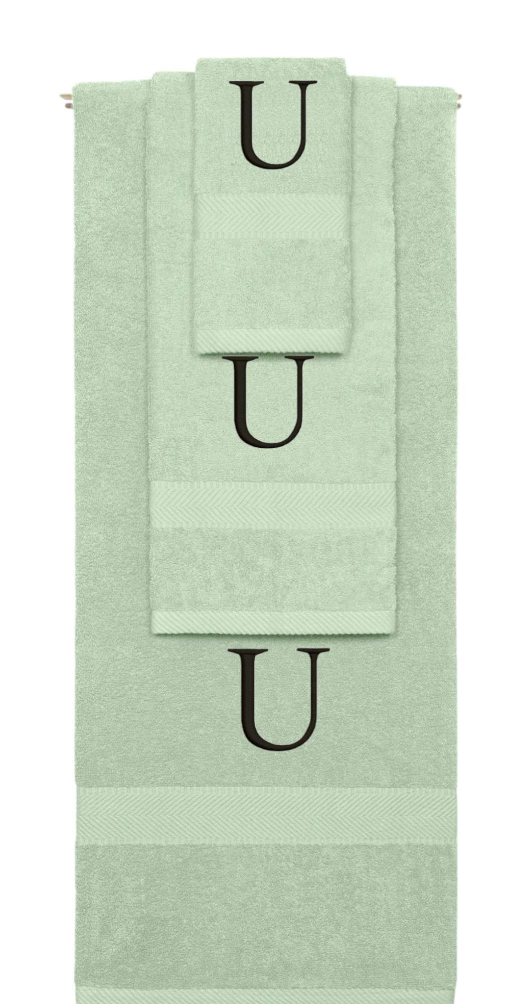 Mint Green monogrammed towel set with Black thread, Times New Roman font, initial U - 540 GSM cotton 3-piece