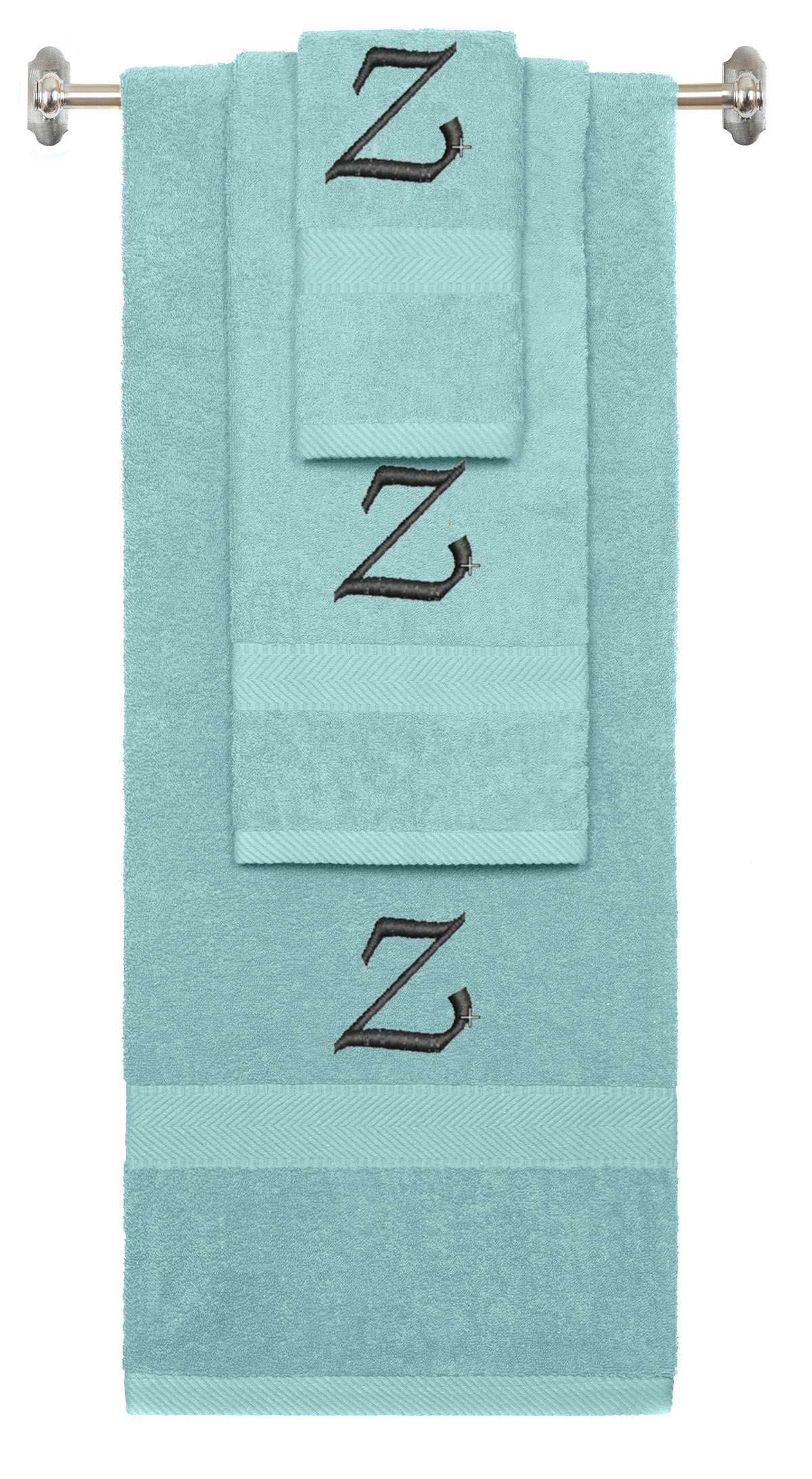 Nautical Teal monogrammed towel set with Black thread, Chancery font, initial Z - 540 GSM cotton 3-piece