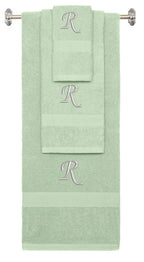 Mint Green monogrammed towel set with Silver thread, Chancery font, initial R - 540 GSM cotton 3-piece
