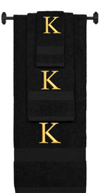 Black monogrammed towel set with Gold thread, Times New Roman font, initial K - 540 GSM cotton 3-piece