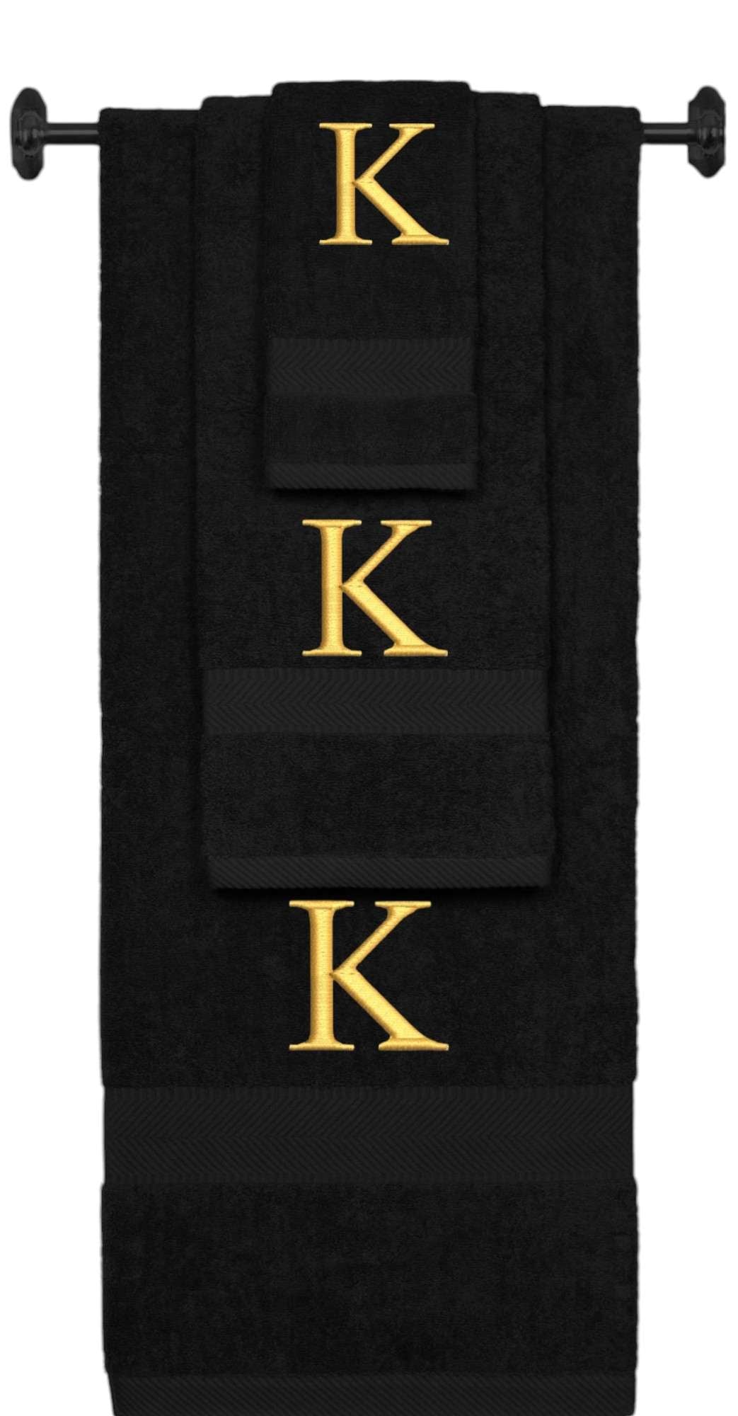 Black monogrammed towel set with Gold thread, Times New Roman font, initial K - 540 GSM cotton 3-piece