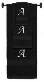 Black monogrammed towel set with Silver thread, Chancery font, initial A - 540 GSM cotton 3-piece
