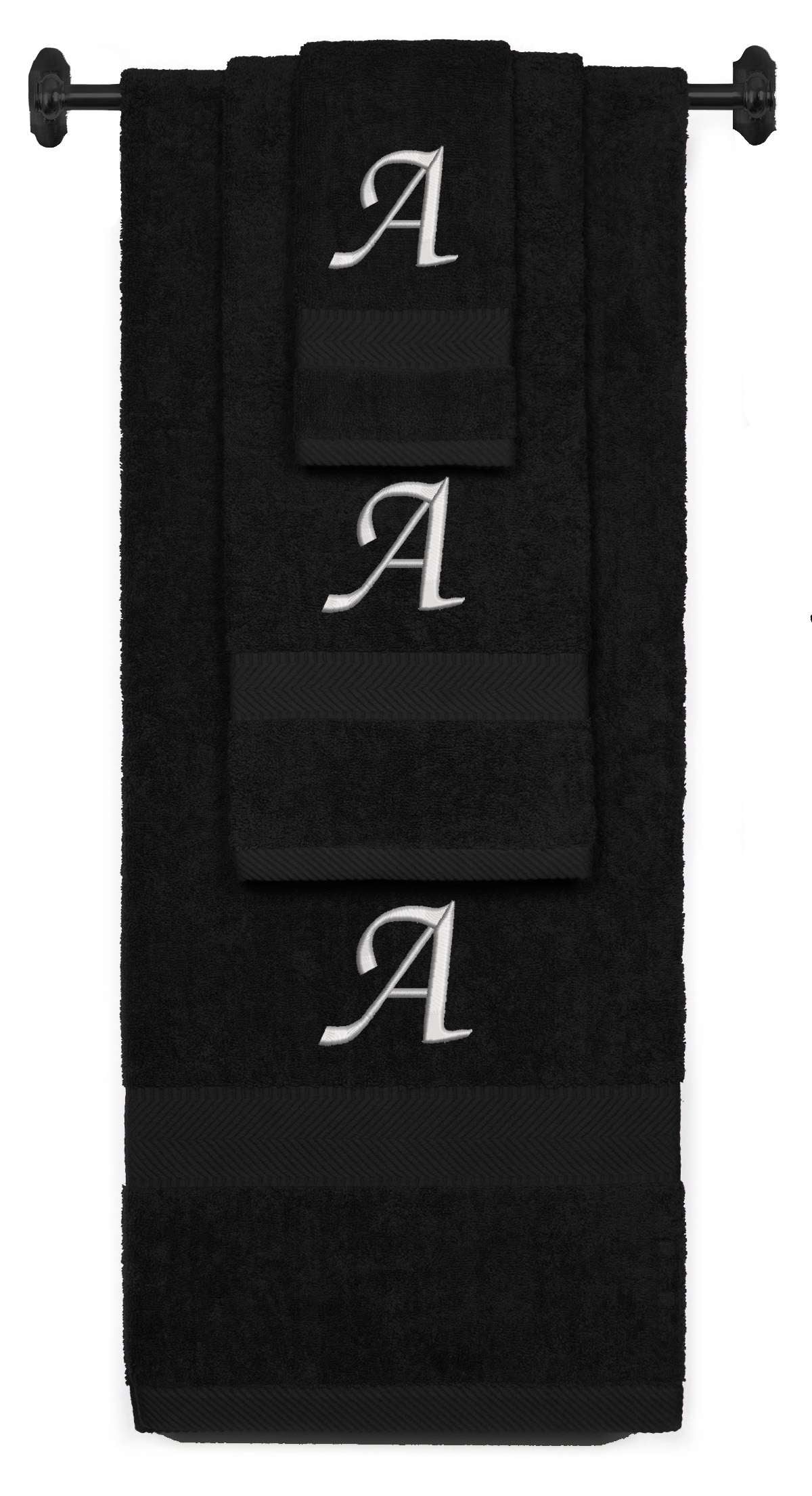 Black monogrammed towel set with Silver thread, Chancery font, initial A - 540 GSM cotton 3-piece