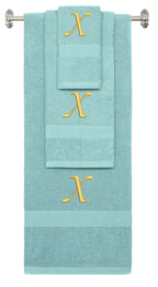 Nautical Teal monogrammed towel set with Gold thread, Chancery font, initial X - 540 GSM cotton 3-piece