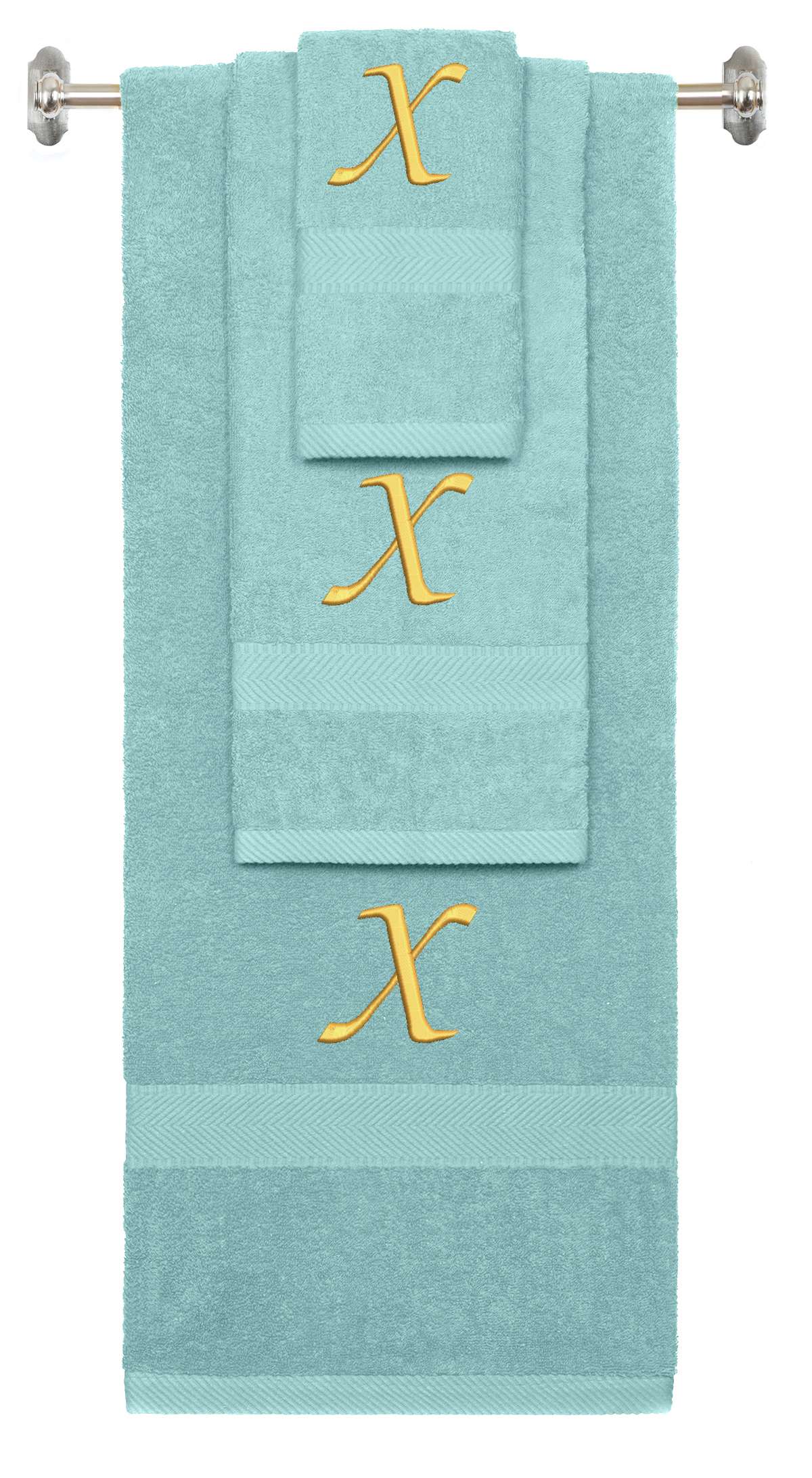 Nautical Teal monogrammed towel set with Gold thread, Chancery font, initial X - 540 GSM cotton 3-piece
