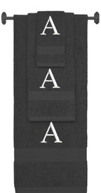Charcoal monogrammed towel set with White thread, Times New Roman font, initial A - 540 GSM cotton 3-piece