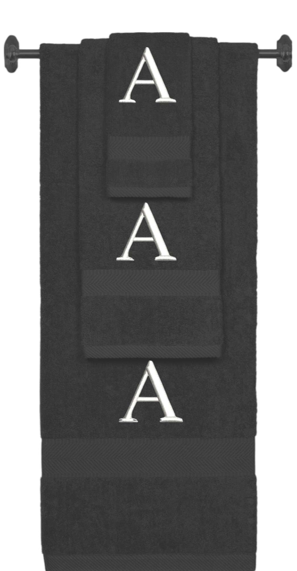 Charcoal monogrammed towel set with White thread, Times New Roman font, initial A - 540 GSM cotton 3-piece