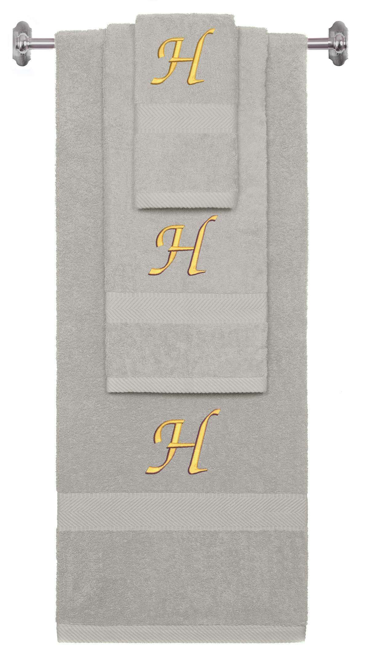 Silver monogrammed towel set with Gold thread, Chancery font, initial H - 540 GSM cotton 3-piece