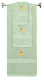 Mint Green monogrammed towel set with Gold thread, Chancery font, initial R - 540 GSM cotton 3-piece