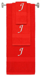 Red monogrammed towel set with Silver thread, Chancery font, initial J - 540 GSM cotton 3-piece