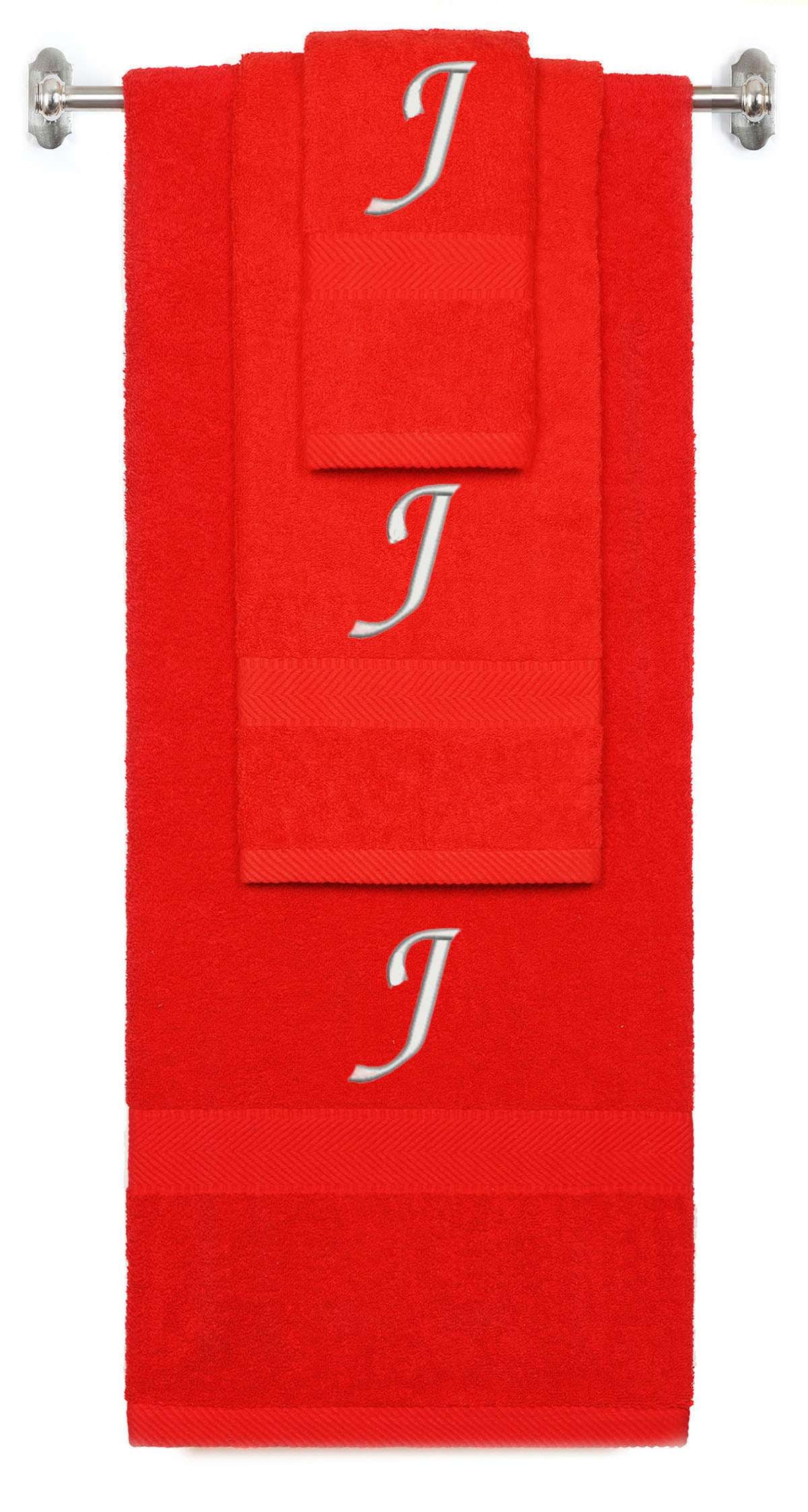 Red monogrammed towel set with Silver thread, Chancery font, initial J - 540 GSM cotton 3-piece