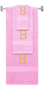 Pink monogrammed towel set with Silver thread, Times New Roman font, initial B - 540 GSM cotton 3-piece