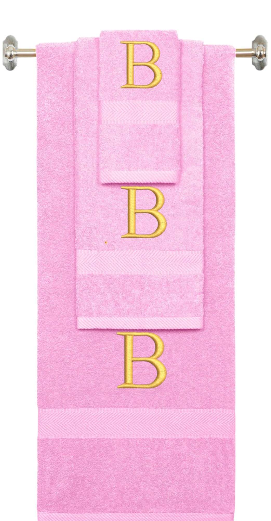 Pink monogrammed towel set with Silver thread, Times New Roman font, initial B - 540 GSM cotton 3-piece