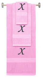 Pink monogrammed towel set with Black thread, Chancery font, initial X - 540 GSM cotton 3-piece