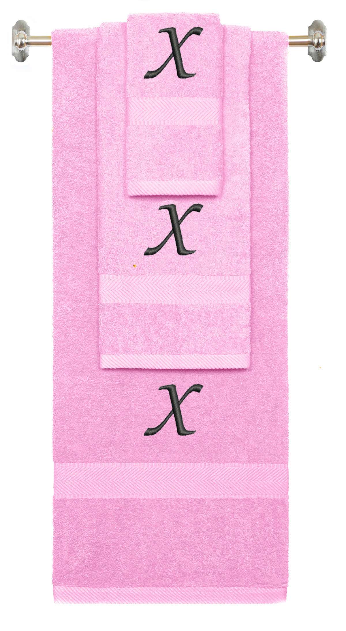 Pink monogrammed towel set with Black thread, Chancery font, initial X - 540 GSM cotton 3-piece
