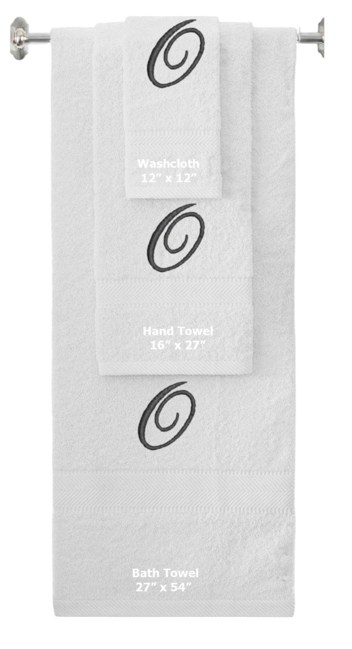 White monogrammed towel set with Black thread, Diana Script font, initial O - 540 GSM cotton 3-piece