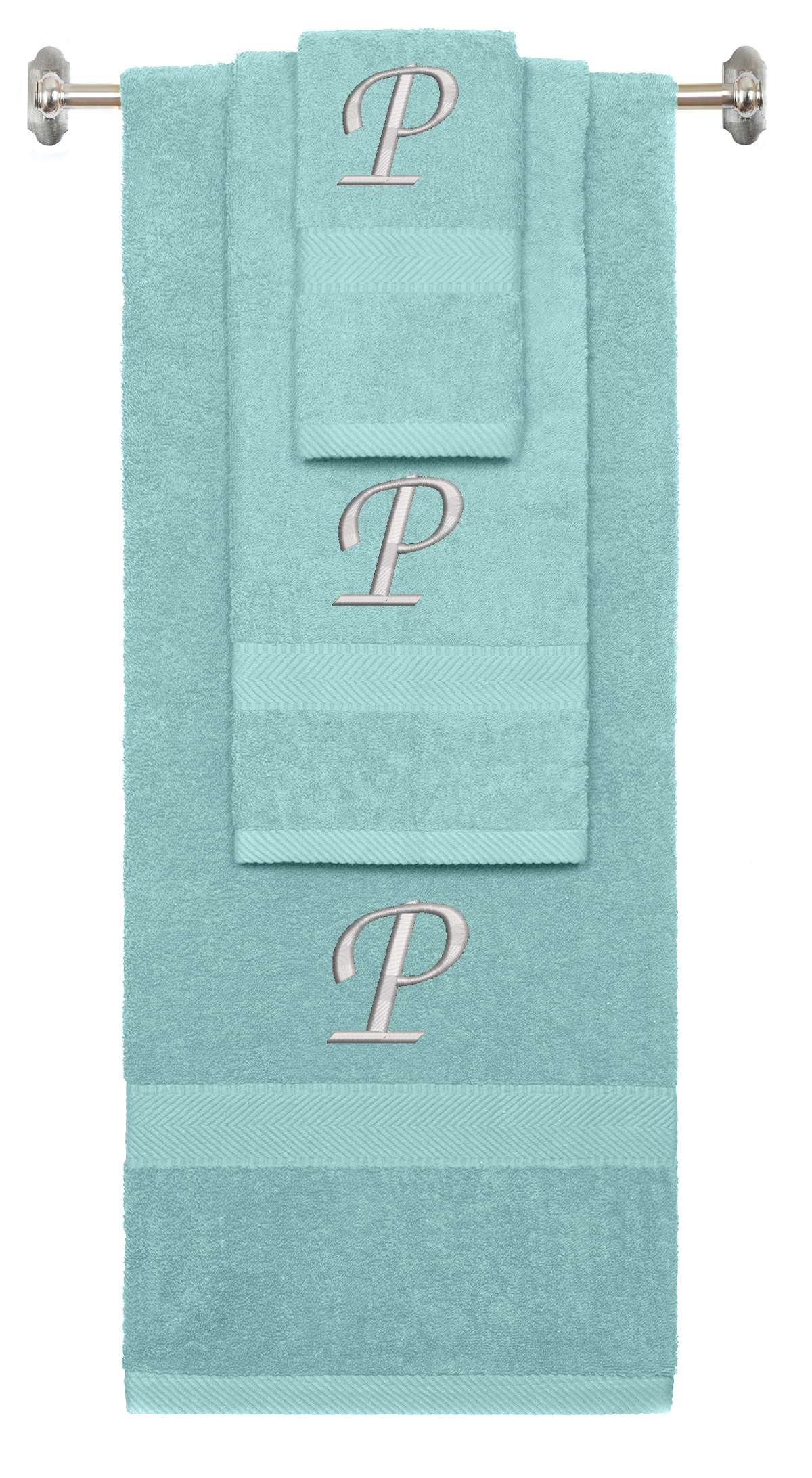 Nautical Teal monogrammed towel set with Silver thread, Chancery font, initial P - 540 GSM cotton 3-piece