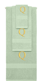 Mint Green monogrammed towel set with Gold thread, Times New Roman font, initial Q - 540 GSM cotton 3-piece