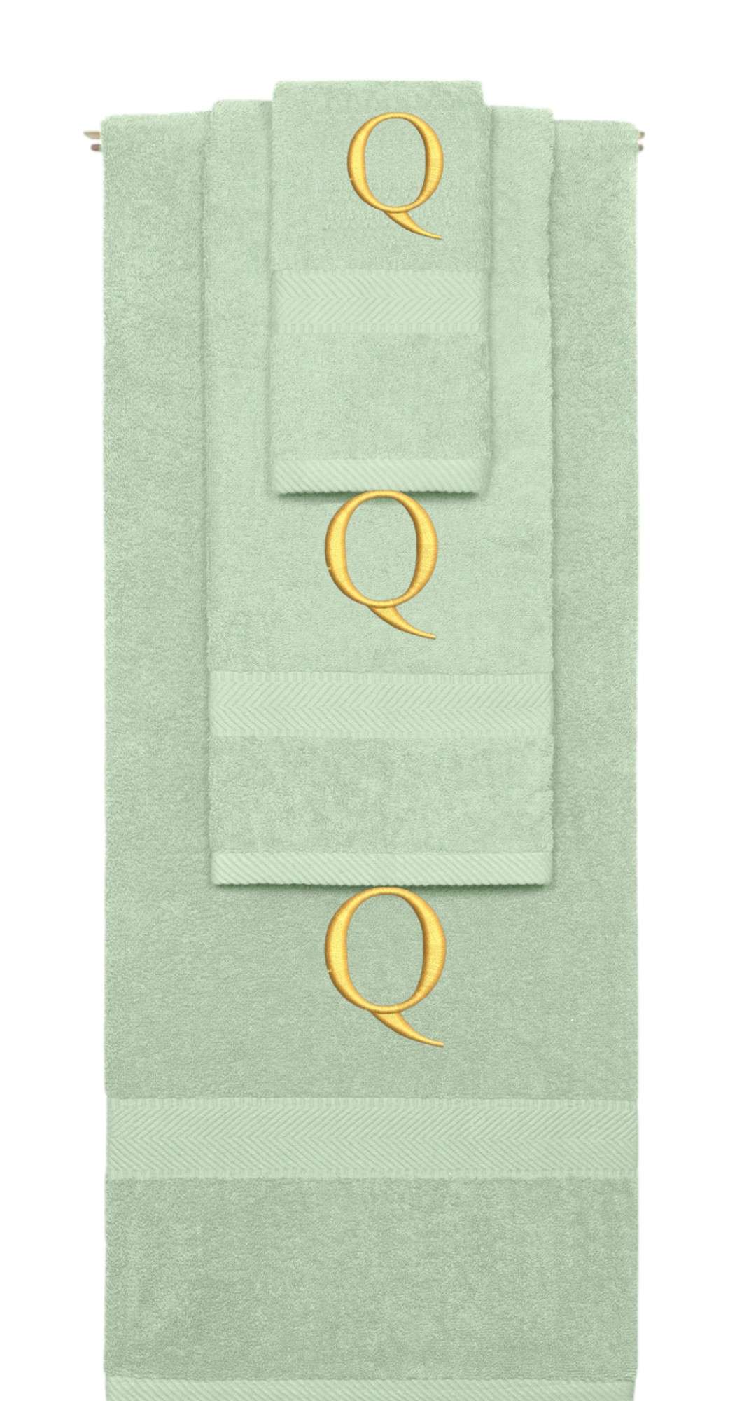 Mint Green monogrammed towel set with Gold thread, Times New Roman font, initial Q - 540 GSM cotton 3-piece