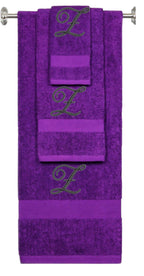 Purple monogrammed towel set with Black thread, Diana Script font, initial Z - 540 GSM cotton 3-piece