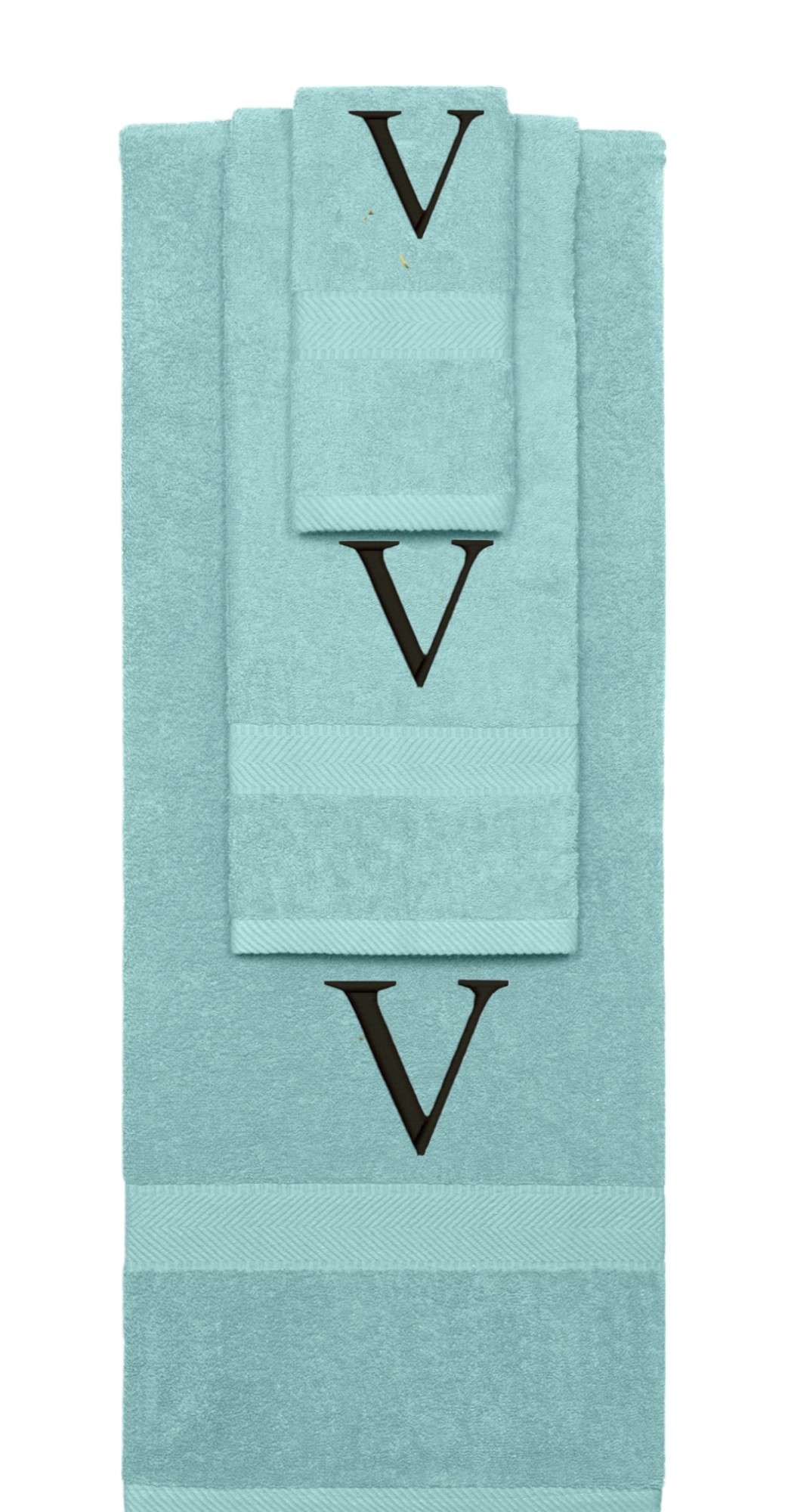 Nautical Teal monogrammed towel set with Black thread, Times New Roman font, initial U - 540 GSM cotton 3-piece