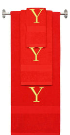 Red monogrammed towel set with Gold thread, Times New Roman font, initial Y - 540 GSM cotton 3-piece