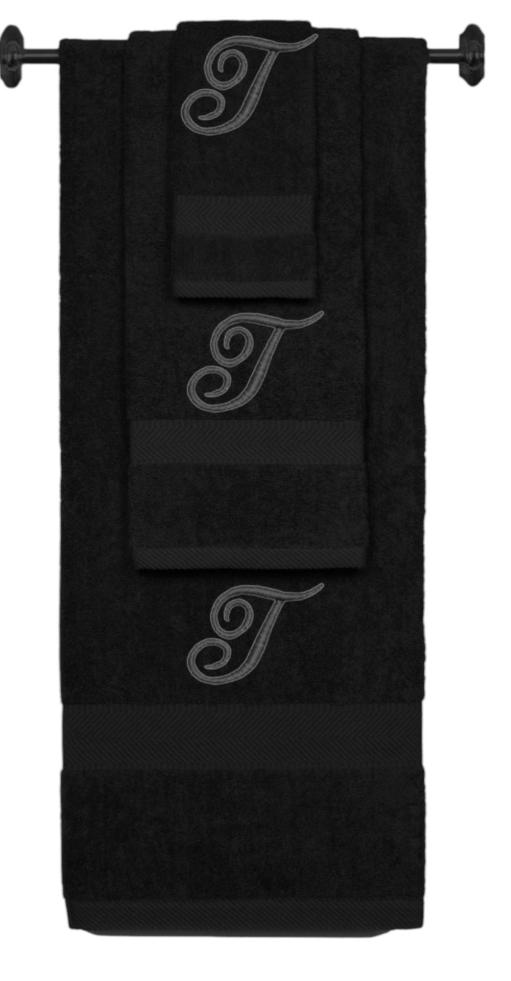 Black monogrammed towel set with Black thread, Diana Script font, initial T - 540 GSM cotton 3-piece