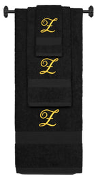 Black monogrammed towel set with Gold thread, Diana Script font, initial Z - 540 GSM cotton 3-piece