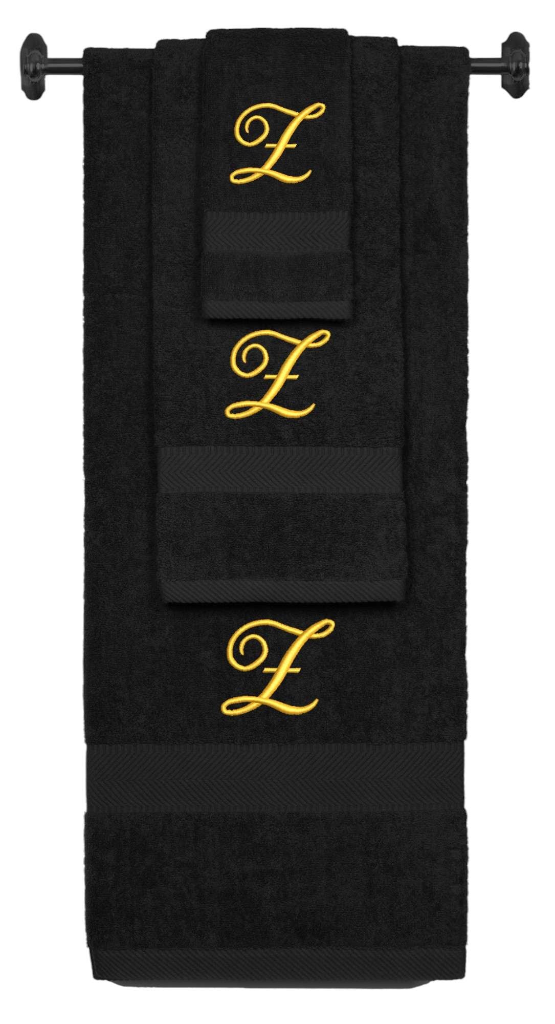 Black monogrammed towel set with Gold thread, Diana Script font, initial Z - 540 GSM cotton 3-piece