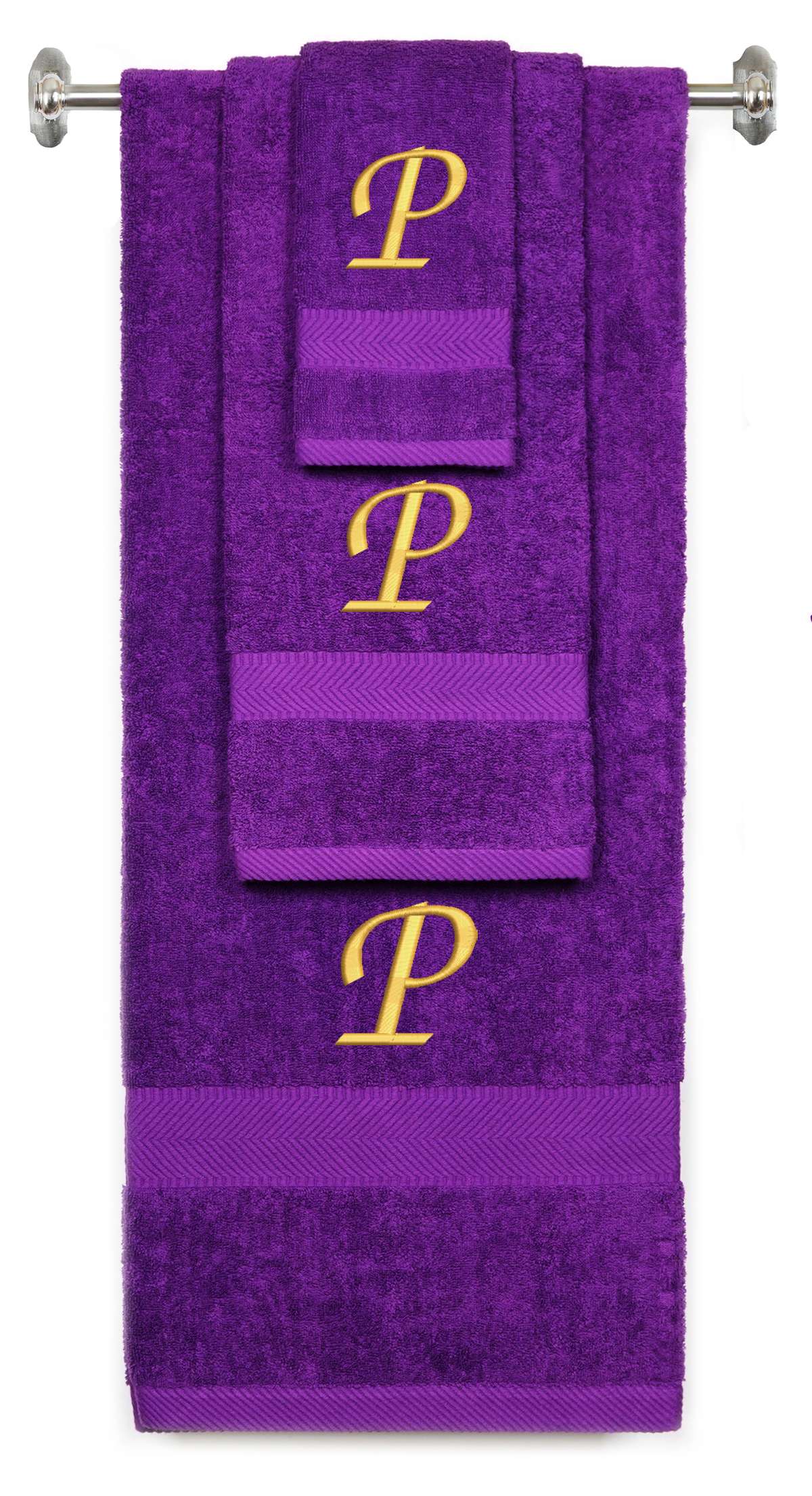 Purple monogrammed towel set with Gold thread, Chancery font, initial P - 540 GSM cotton 3-piece
